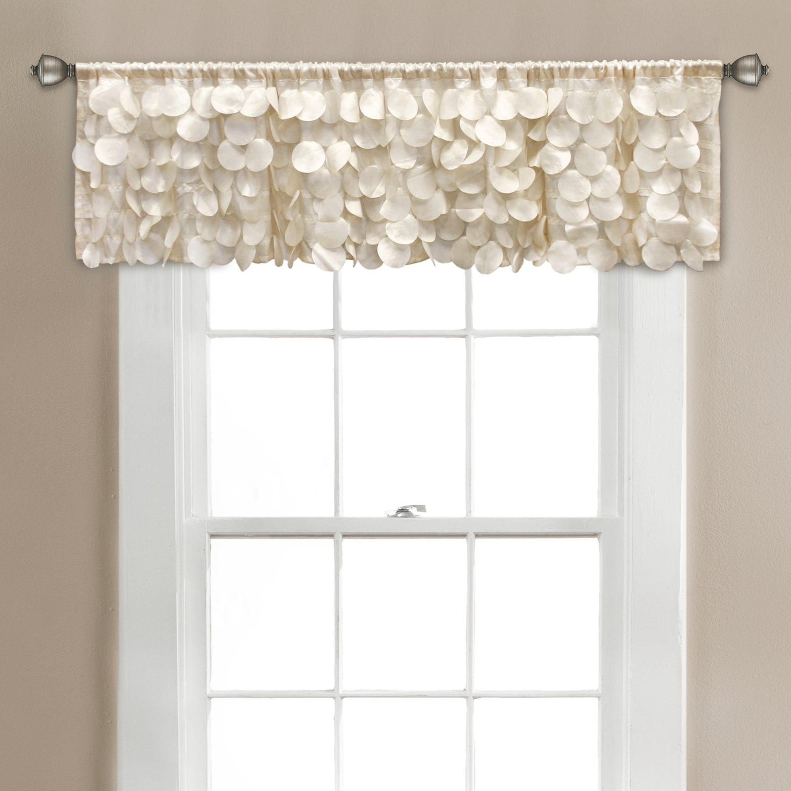 Ivory Taffeta Rod Pocket Window Valance with 3D Circles