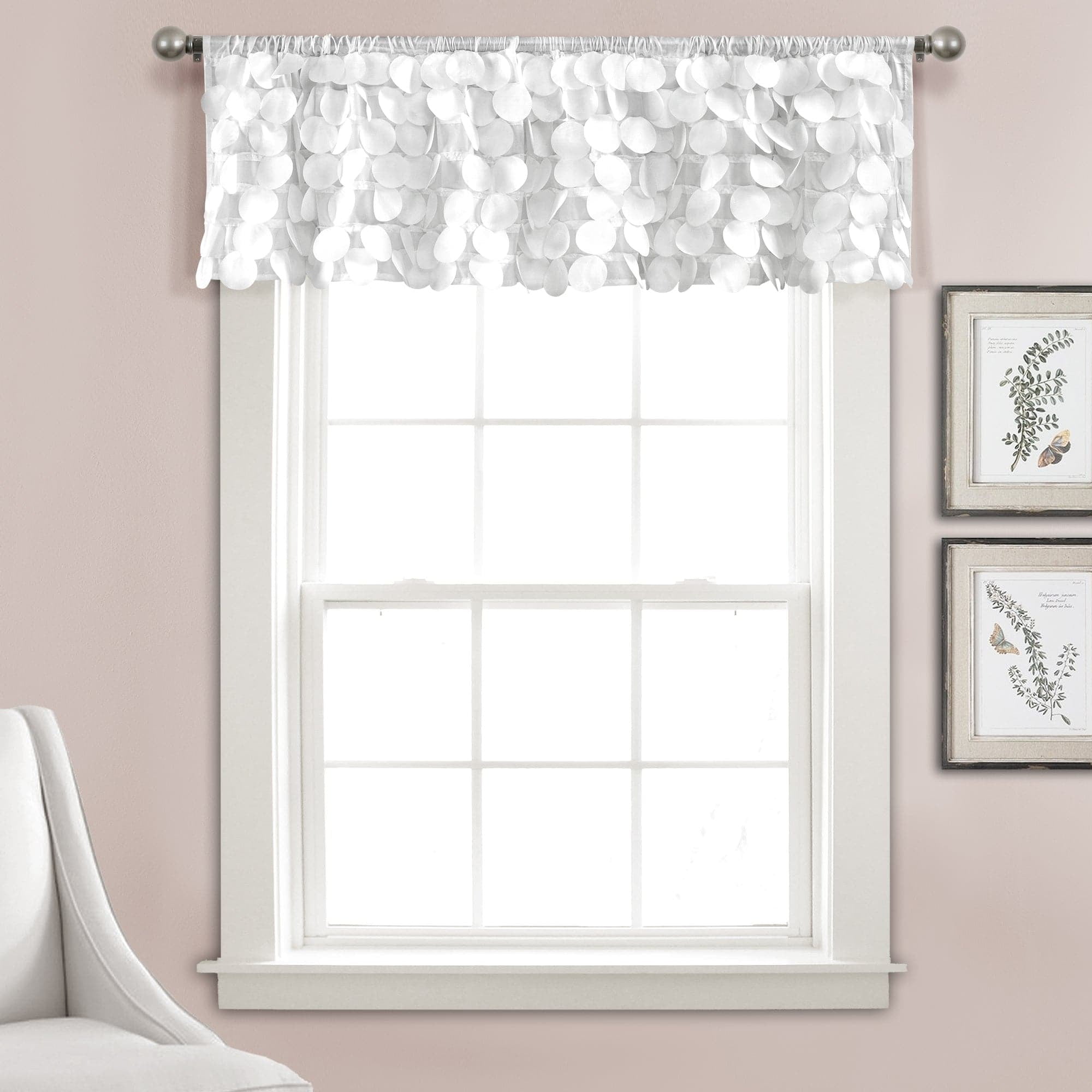 White Taffeta Rod Pocket Window Valance with 3D Circles