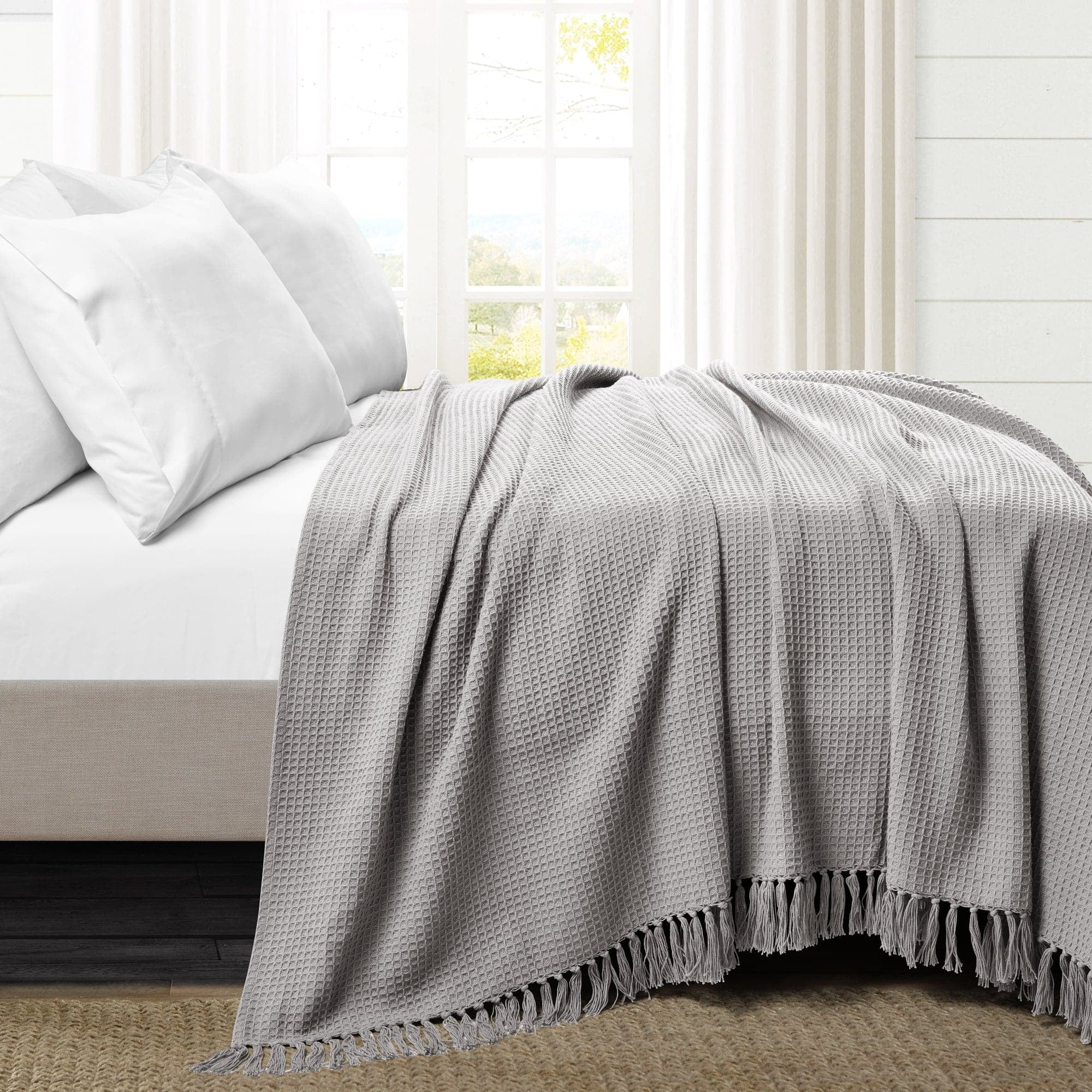 King-Sized Light Gray Cotton Knit Weighted Blanket with Tassel Fringe