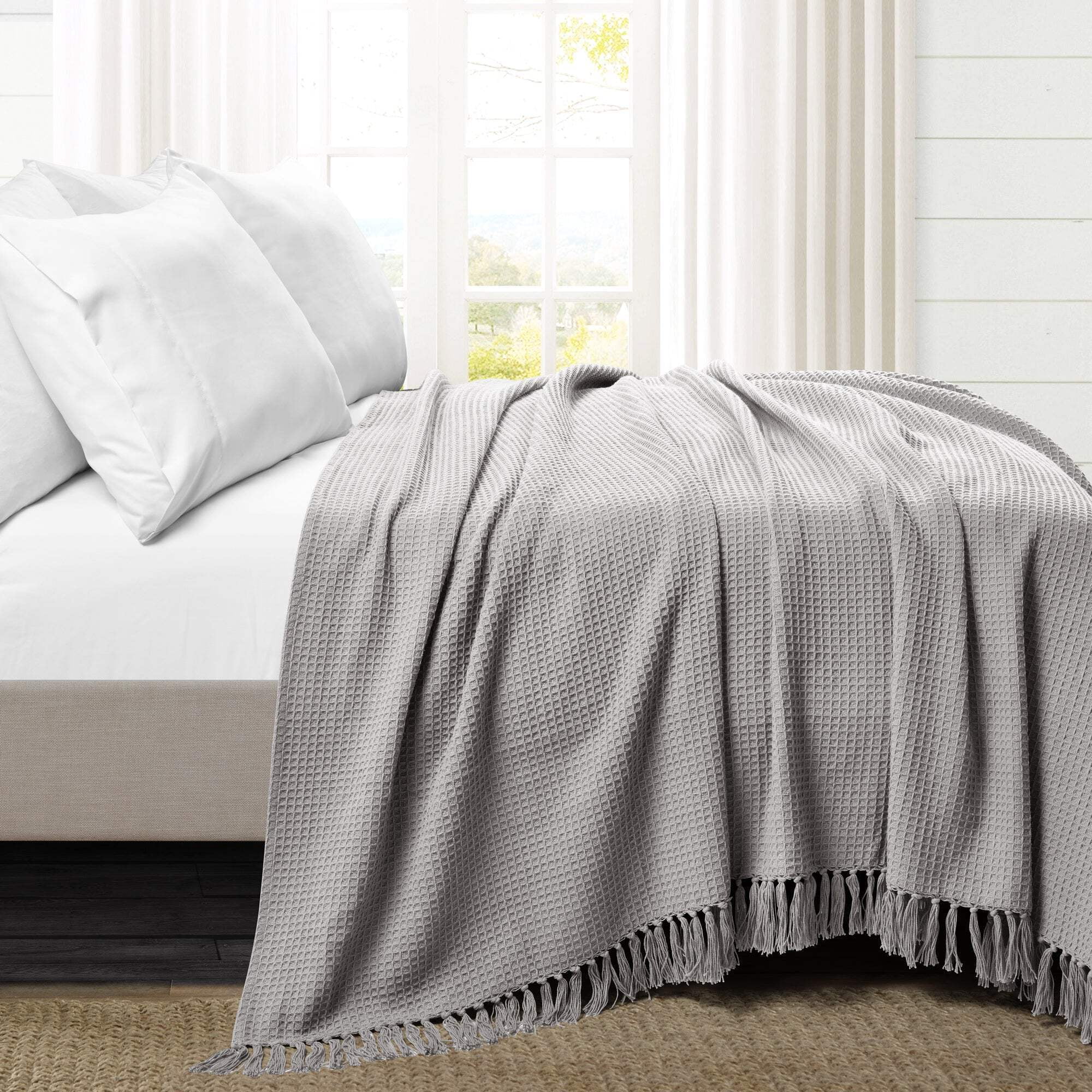 King-Sized Light Gray Cotton Knit Weighted Blanket with Tassel Fringe