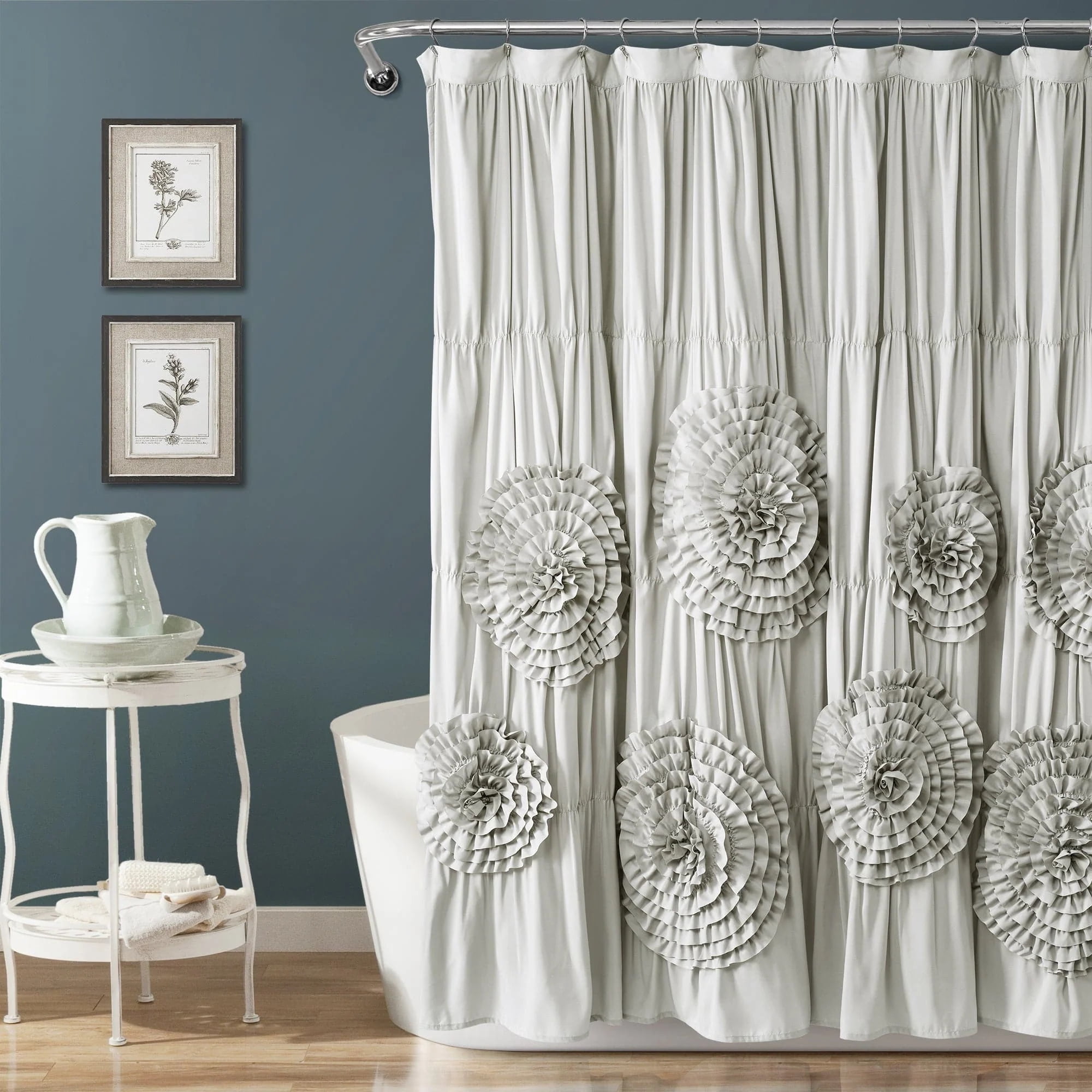 Light Gray Ruffled Floral Polyester Shower Curtain