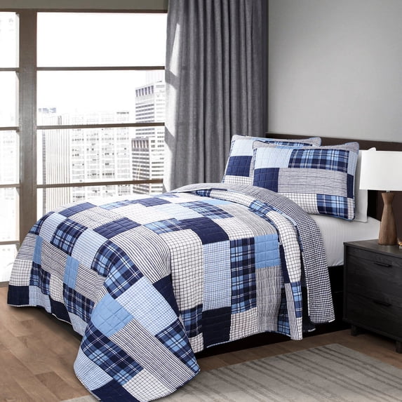 Lush Decor Greenville Cotton Reversible Quilt, King, Navy, 3-Pc Set