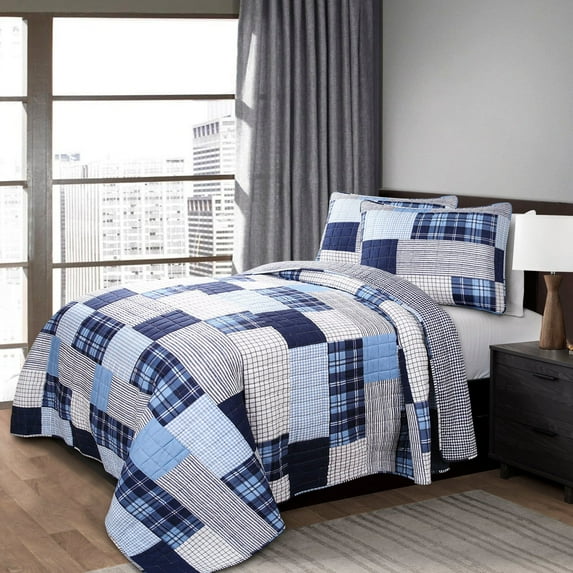 Lush Decor Greenville Cotton Reversible Quilt, Twin, Navy, 2-Pc Set