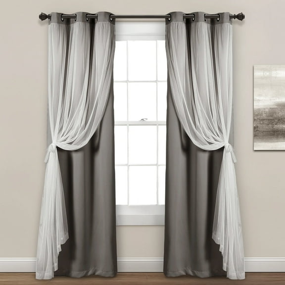 Lush Decor Grommet Sheer Window Curtain Panels With Insulated Blackout Lining Solid Color 100% Polyester, Dark Gray, 95''L x 38''W, Set of 2