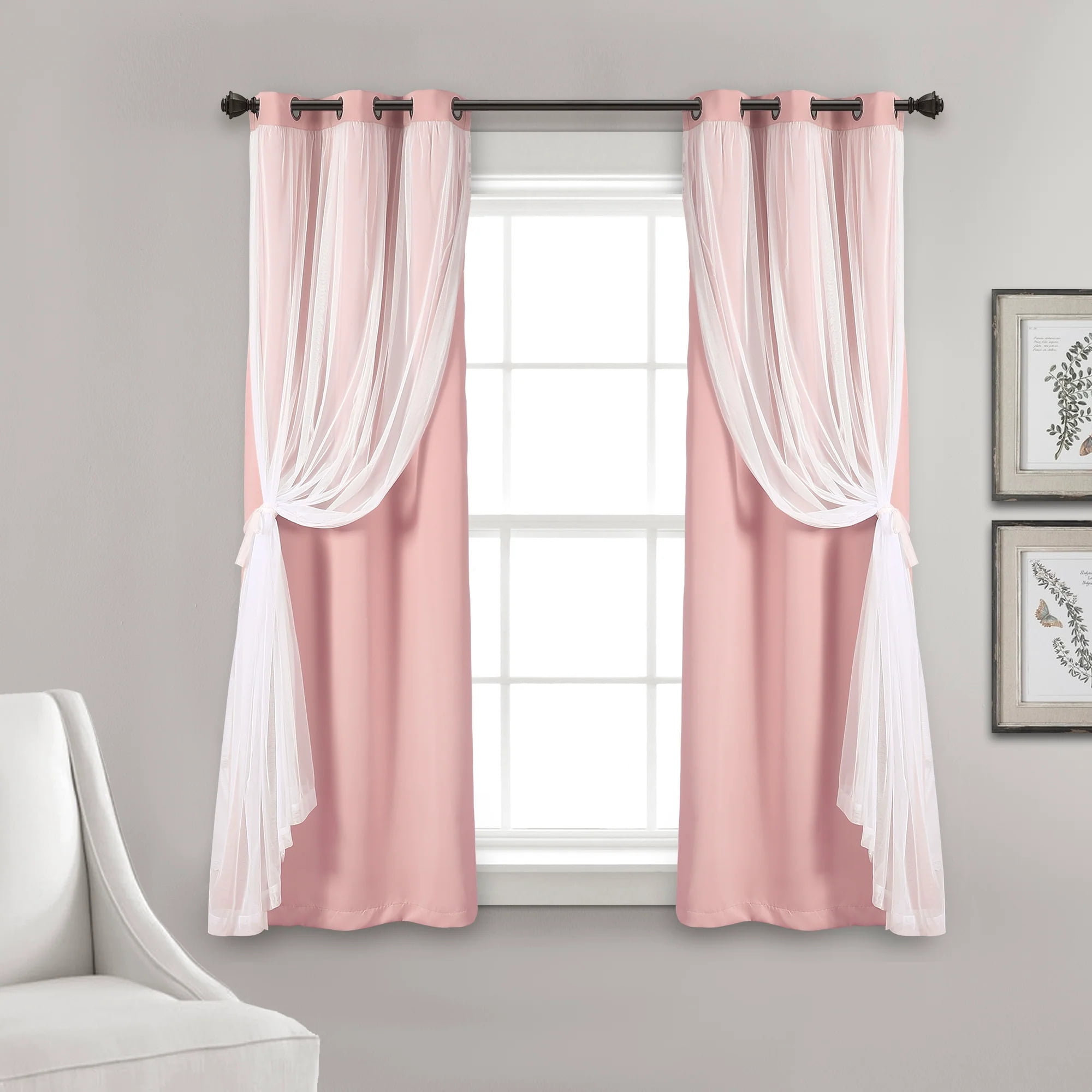 Pink Polyester Blackout Grommet Window Panels with Sheer Overlay
