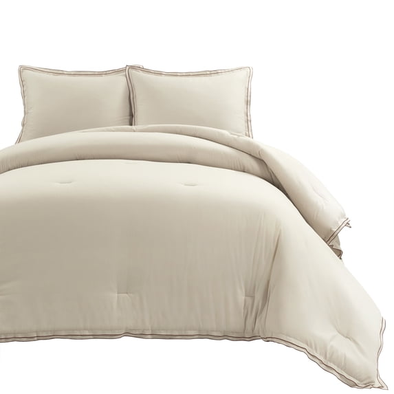 Lush Decor Hampton Double Flange Embroidered Contrast Edge Cotton Comforter Set, 3 Piece Set, Full/ Queen, Neutral & Copper - Hotel Bedding Set - Embroidered Trim - Beige Comforter - Minimalist Decor