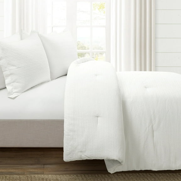 Lush Decor Haniya Solid Waffle Woven Cotton Textured Comforter White 3Pc Set King