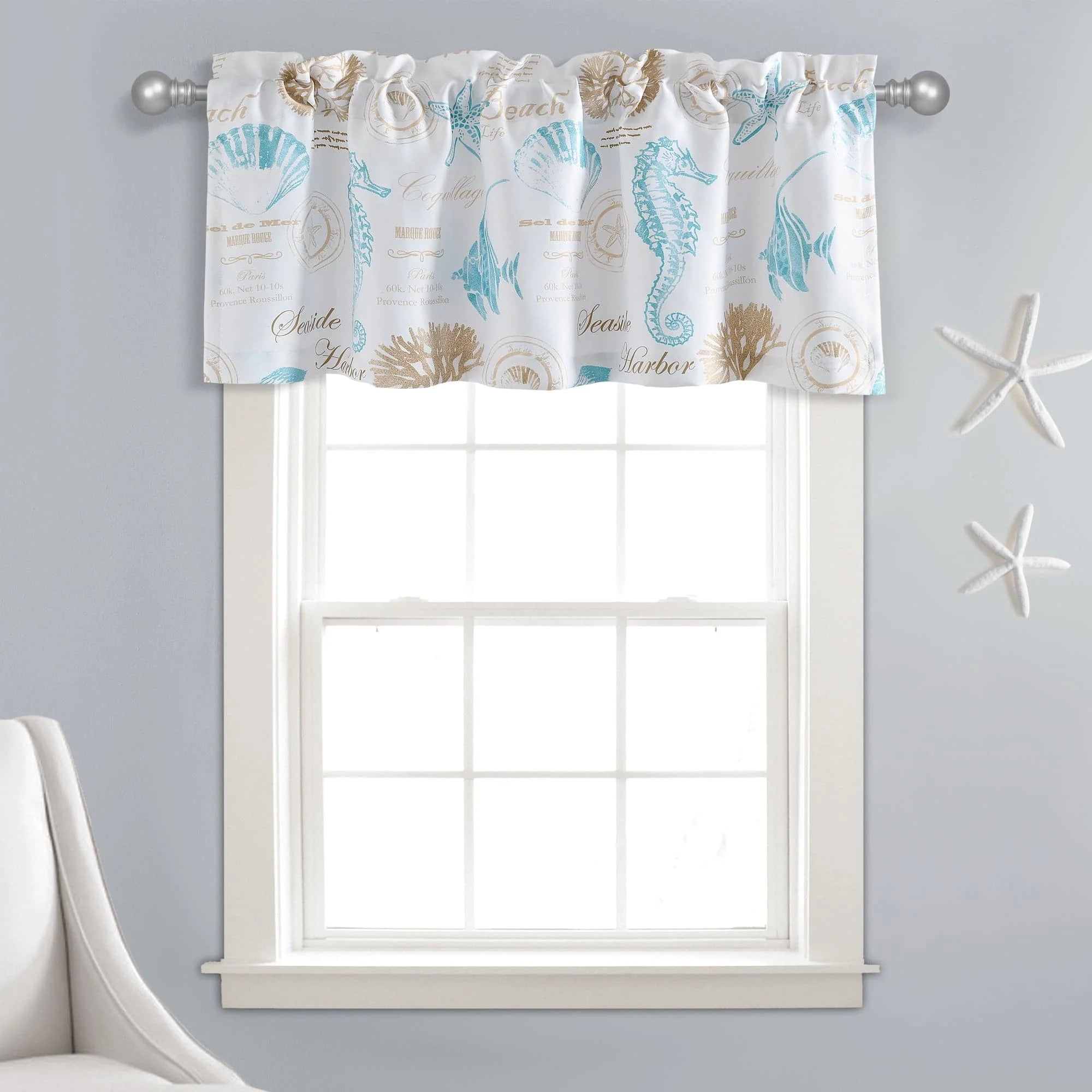 Harbor Life Blue and Taupe Coastal Rod Pocket Valance