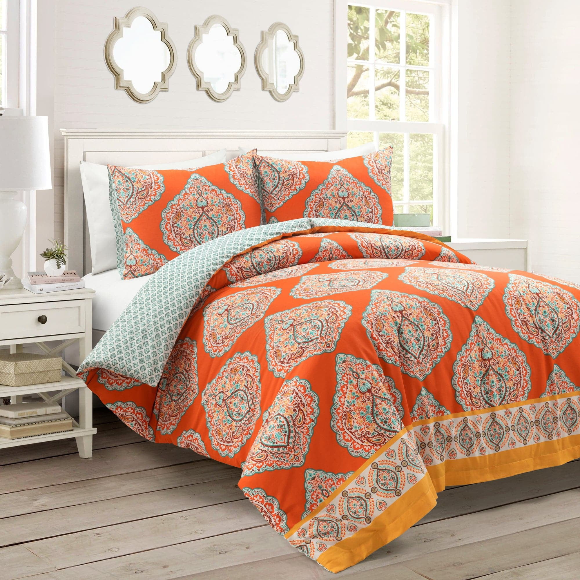 Tangerine and Blue Cotton Reversible Damask Duvet Cover Set