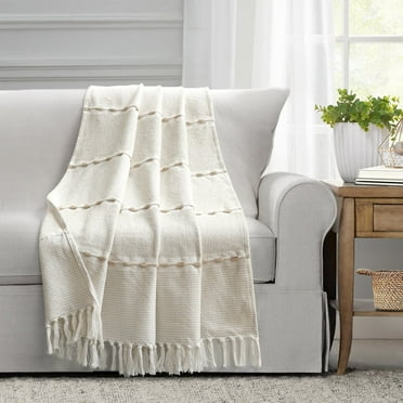 Lush Decor Herringbone Stripe Yarn Dyed Cotton Woven Tassel Throw, 60" x 50"+ 3.5" Tassel Fringe, Neutral/White, Single
