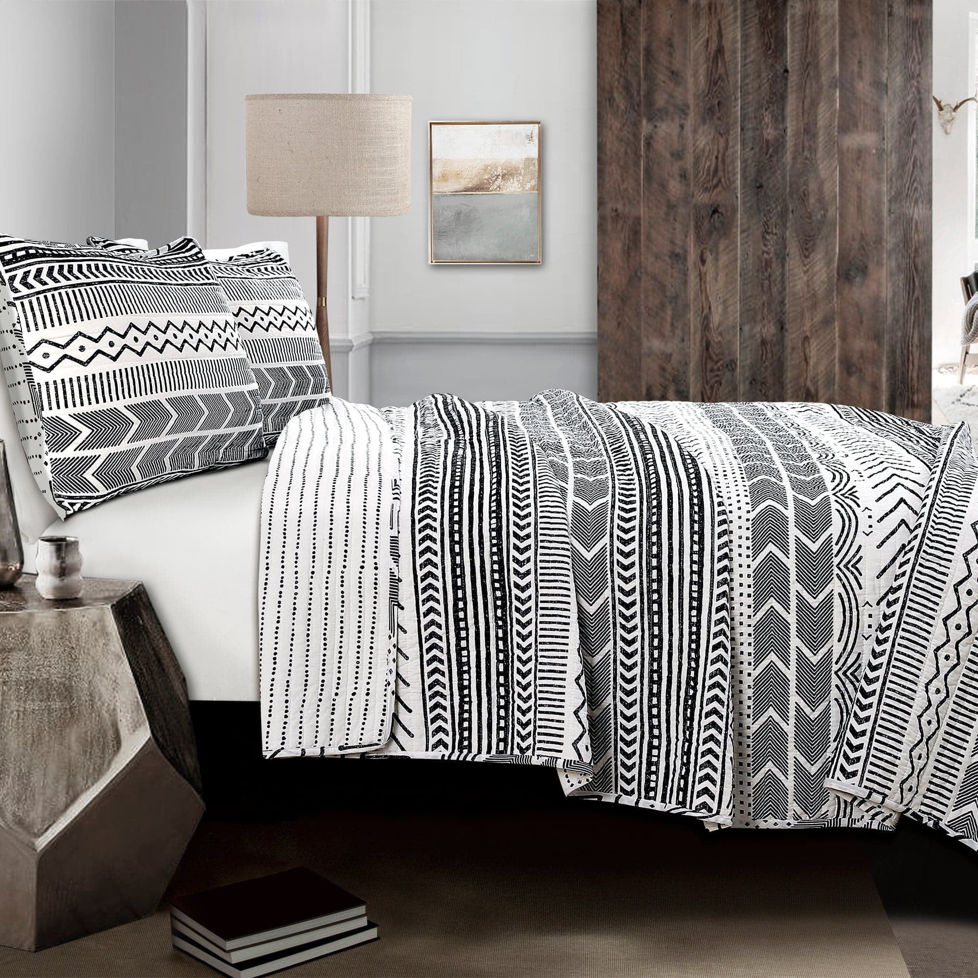 Lush Decor Hygge Geo Cotton Reversible Quilt, King, Geometric Print, Black/White, 3-pc set includes: 1 Quilt, 2 Pillow Shams