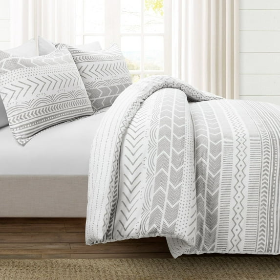 Lush Decor Hygge Geo Reversible Cotton 3-Piece Duvet Set, Gray/White King
