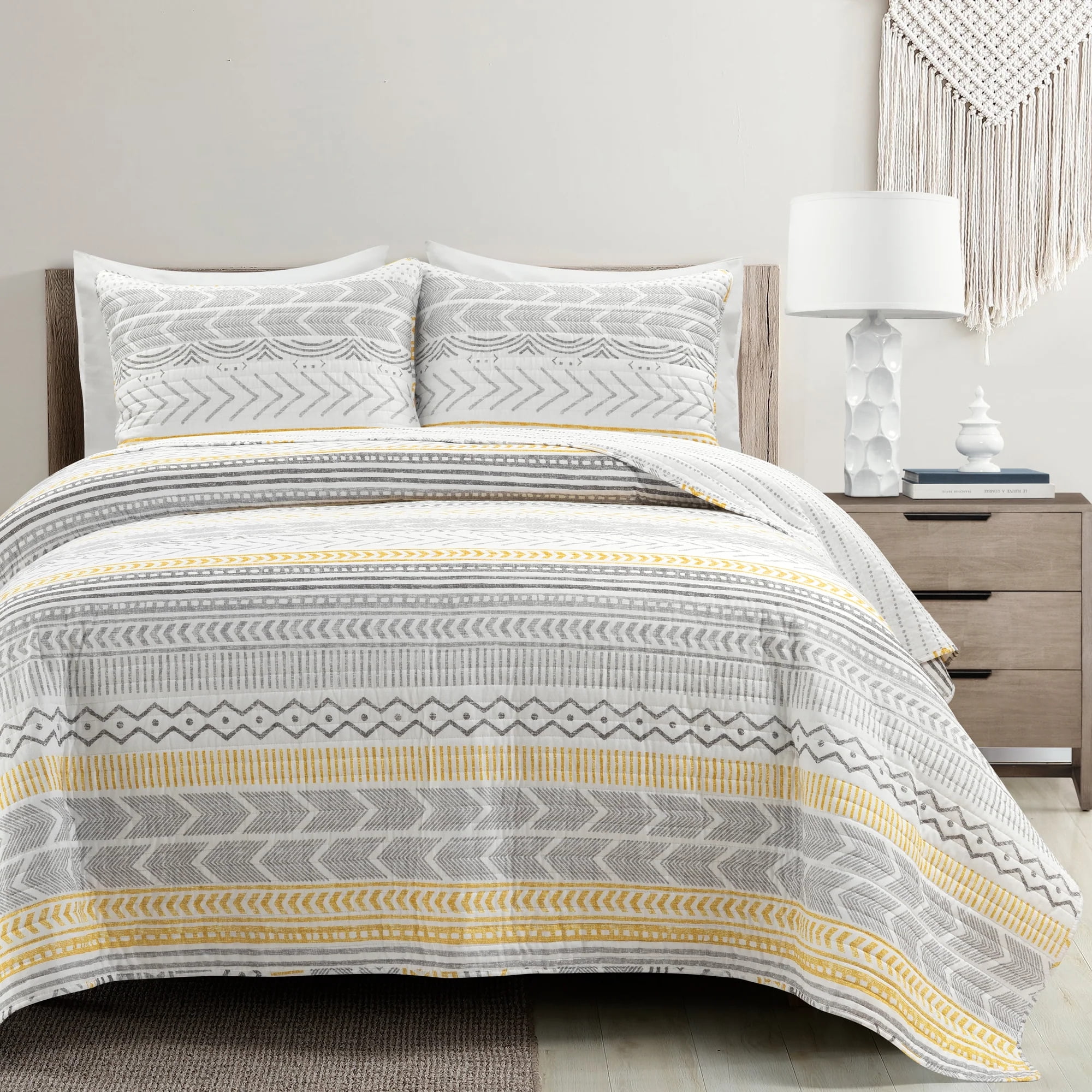 Yellow and Gray Full/Queen Cotton Reversible Quilt Set