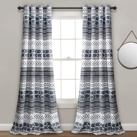 Lush Decor Hygge Geo Room Darkening 84" x 52" Geometric Navy Metal Grommets 2-Pc Set Window Panel