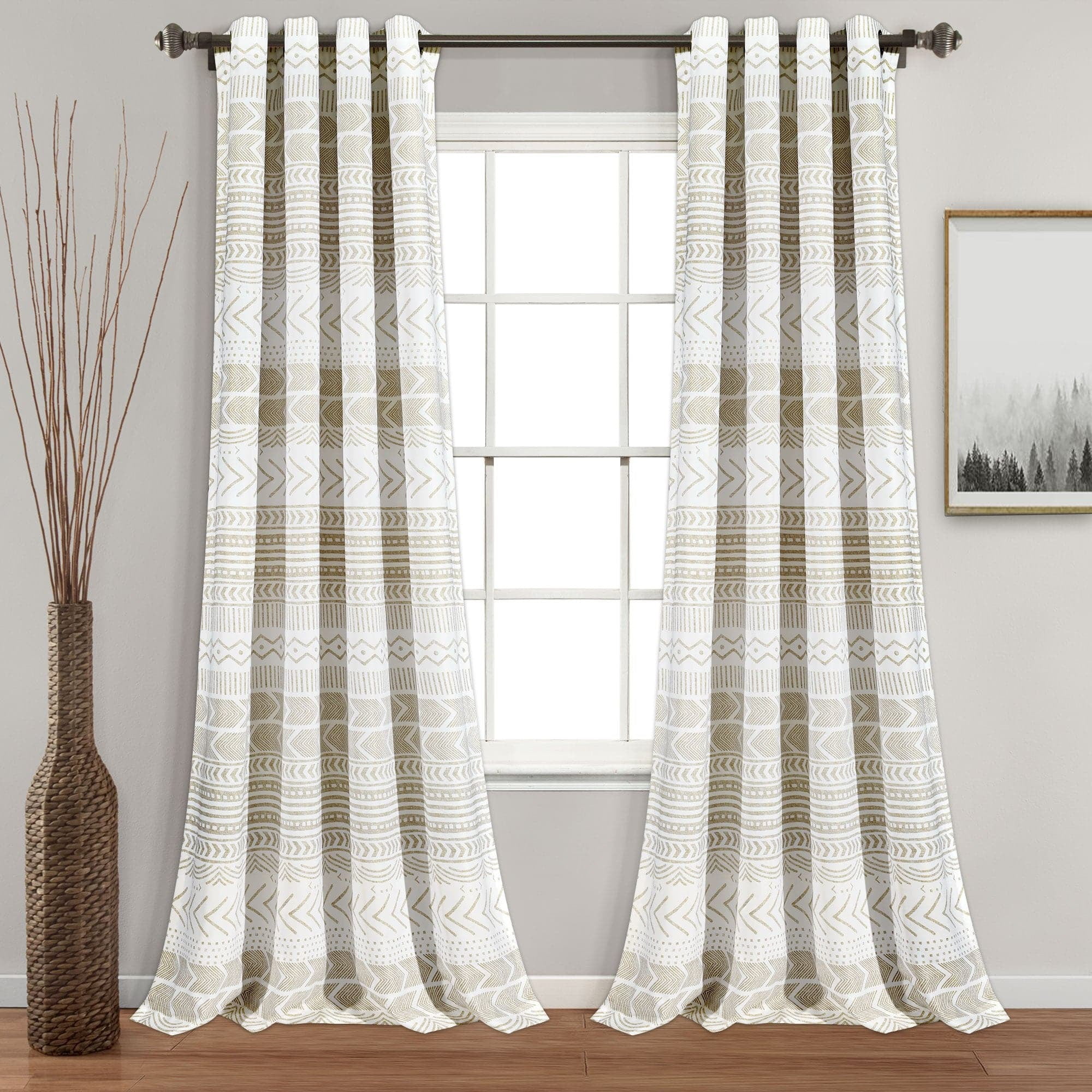 Taupe and White Geometric Cotton Polyester Room Darkening Window Panels