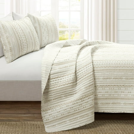 Lush Decor Hygge Stripe Oversized Reversible Quilt Neutral/White 3Pc Set King