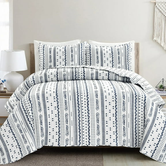Lush Decor Hygge Stripe Polyester Reversible Quilt, Full/Queen, Navy/White, 3-Pc Set