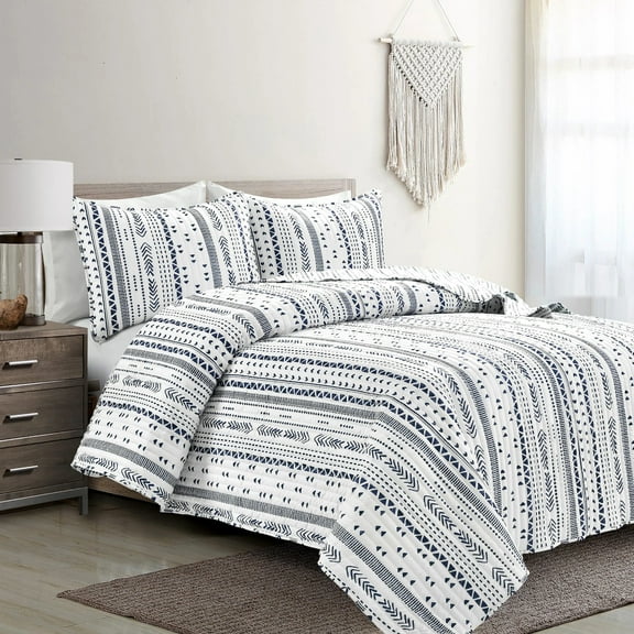 Lush Decor Hygge Stripe Reversible Quilt, King, Navy/White, 3-Pc Set