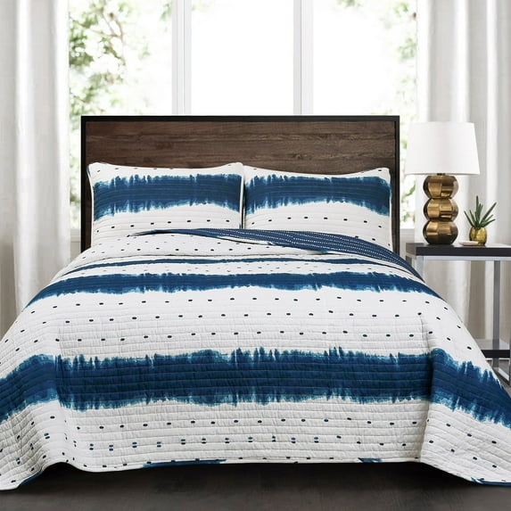 Lush Decor Jane Shibori Stripe Cotton Reversible Quilt, Full/Queen, Navy, 3-Pc Set