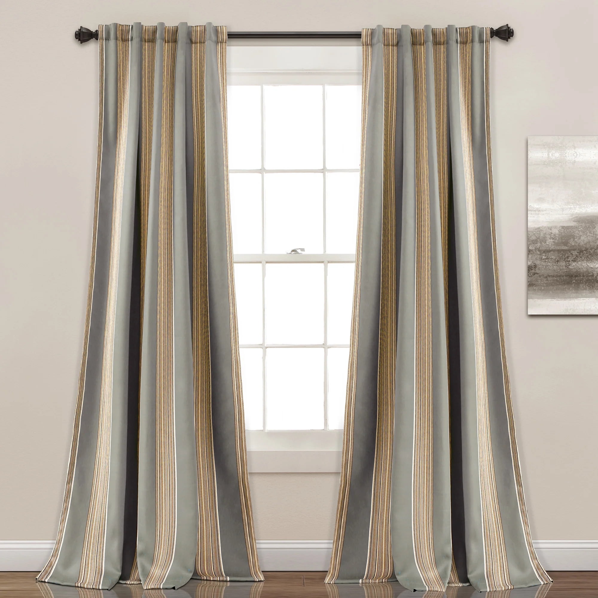 Gray and Beige Polyester Blackout Stripe Window Panels