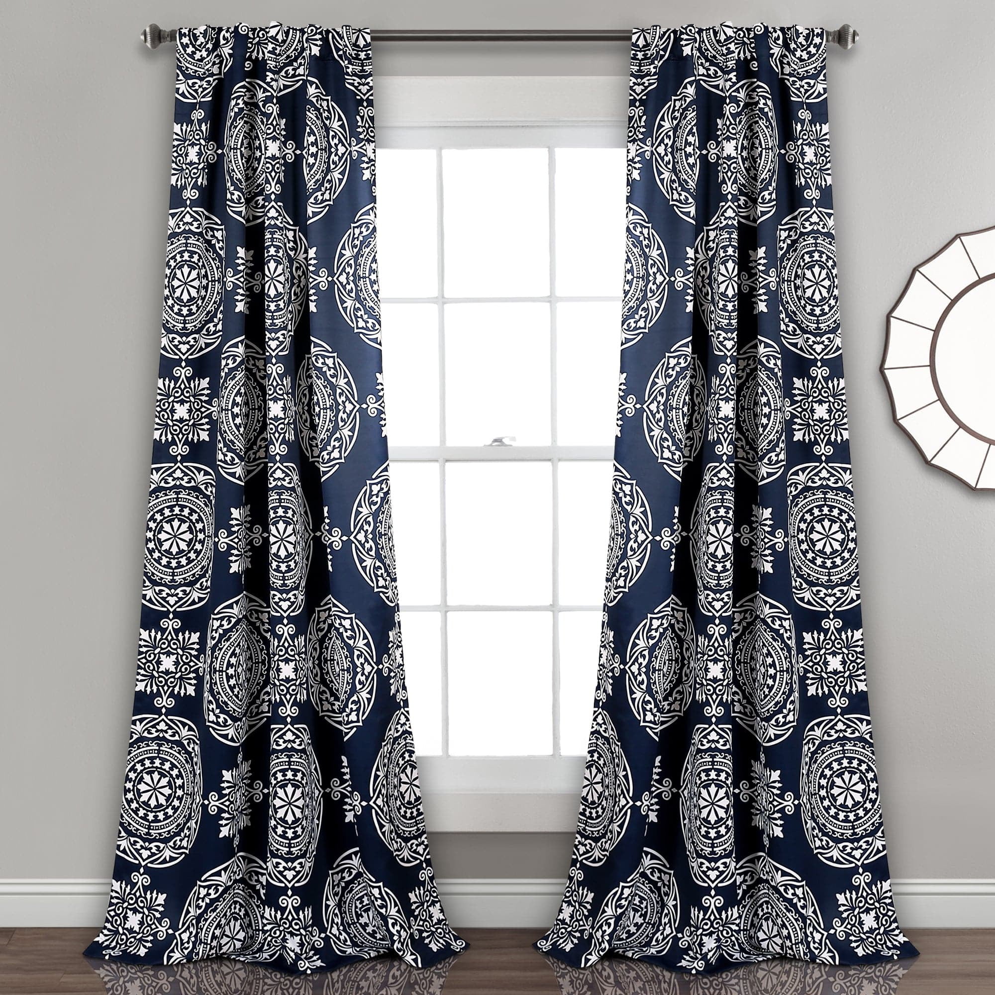 Navy and White Medallion Cotton Polyester Blackout Curtain Panels