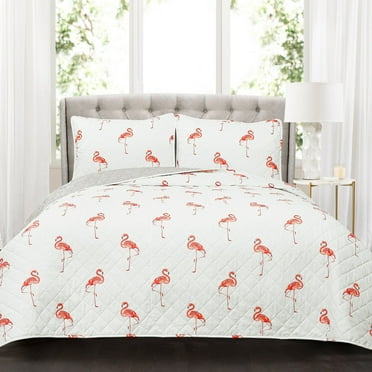 Lush Decor Kelly Flamingo Animal Print Cotton Reversible Quilt, Full/Queen, Coral, 3-Pc Set