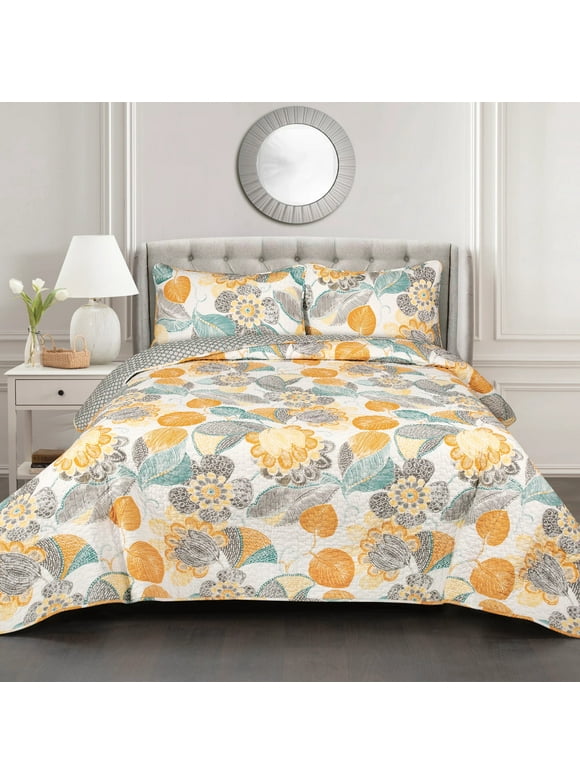 Lush Decor Layla Floral Cotton Lightweight Reversible Quilt, Full/Queen, Yellow/Gray, 3-pc set includes: 1 Quilt, 2 Pillow Shams