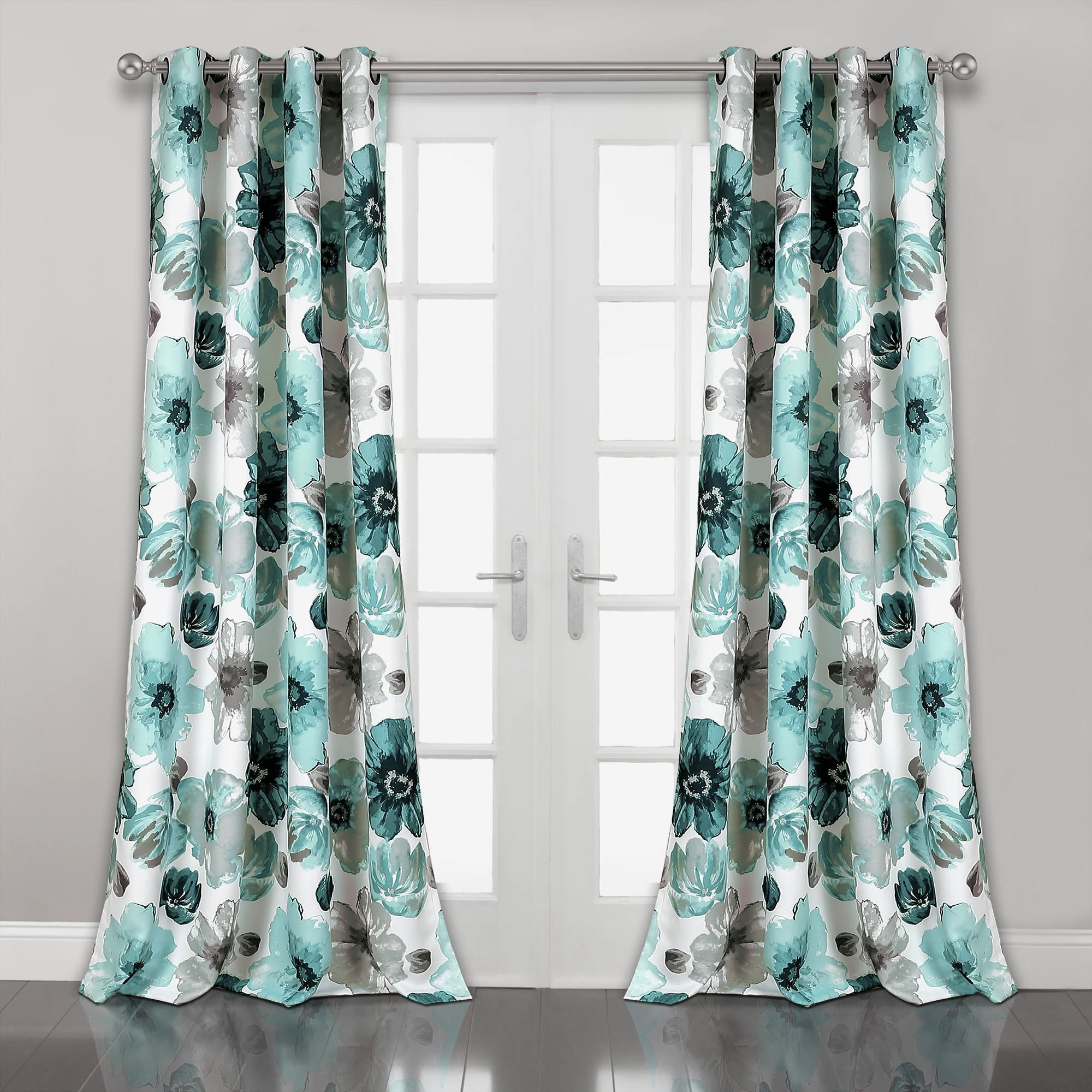 Blue Floral Polyester Room Darkening Window Curtain Panels, 52"W x 84"L