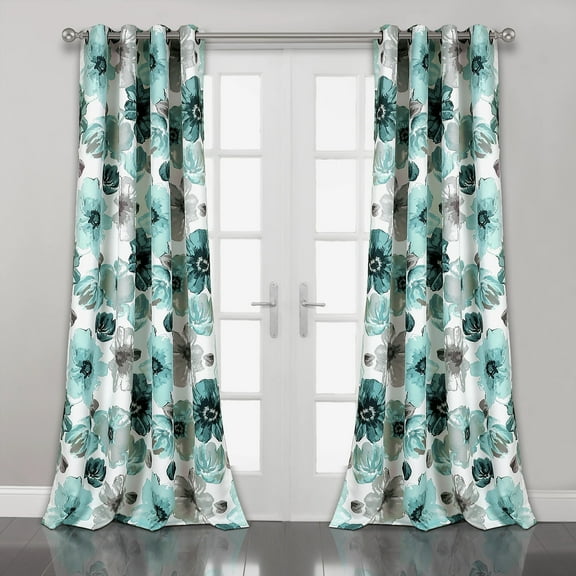 Lush Decor Leah Classic Floral Print Room Darkening Metal Grommets Window Curtain Panel, Blue, 84"L x 52"W, Set of 2