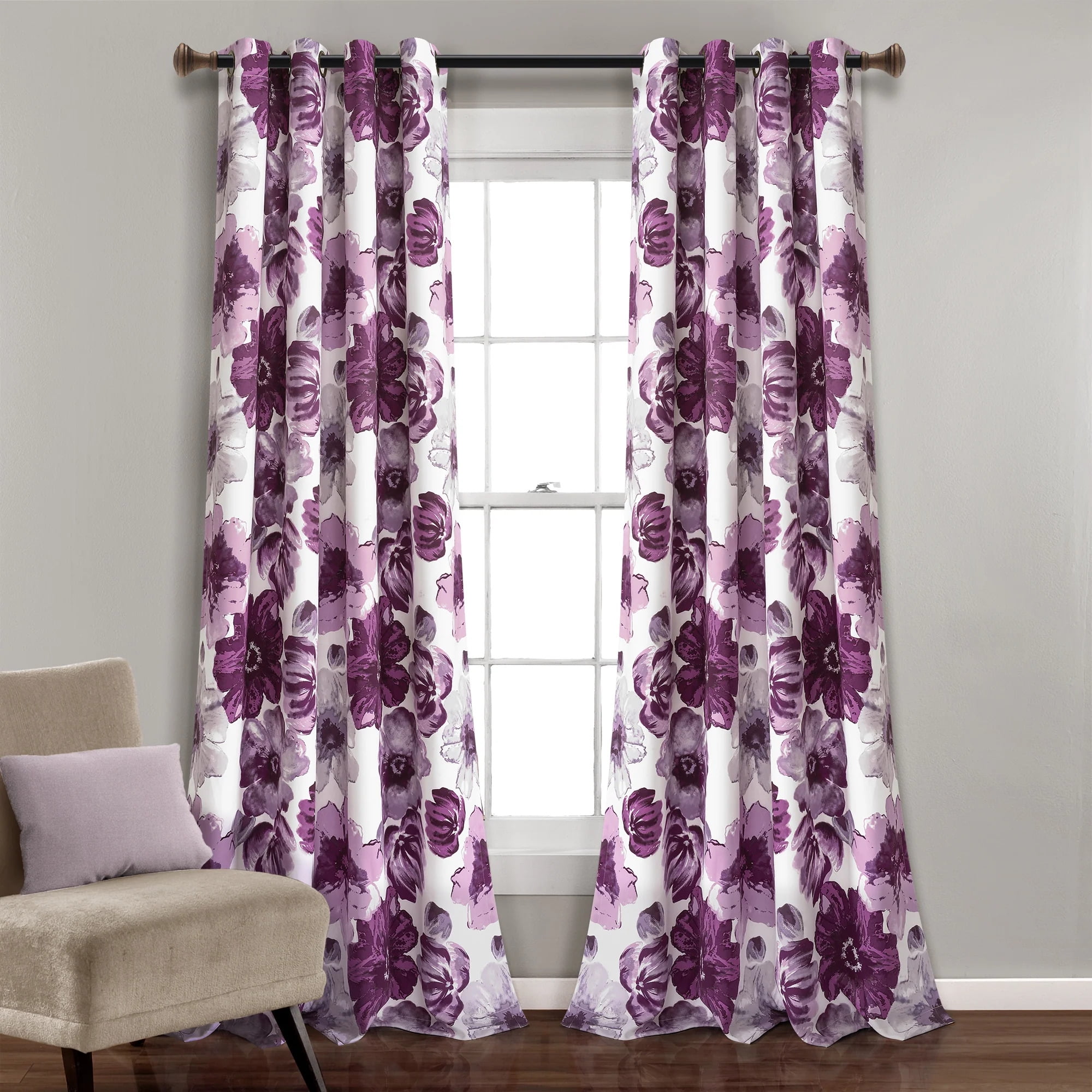 Leah Purple and Gray Floral Blackout Polyester Window Panels