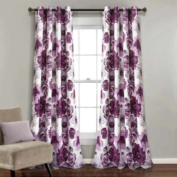 Lush Decor Leah Classic Floral Print Room Darkening Metal Grommets Window Curtain Panel, Gray/Purple, 84"L x 52"W, Set of 2