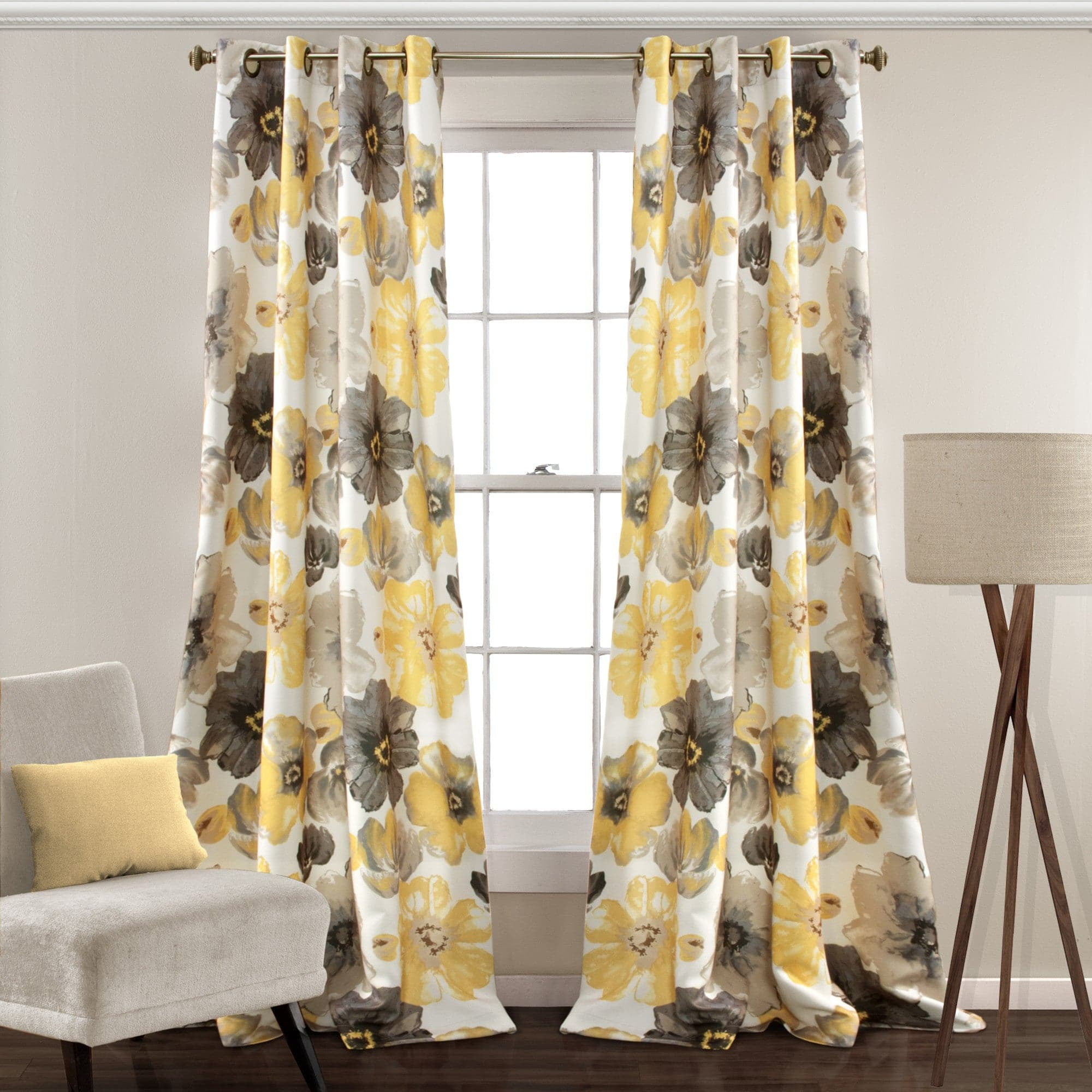 Yellow and Gray Floral Faux Silk Room Darkening Curtain Panels, 52"W x 84"L