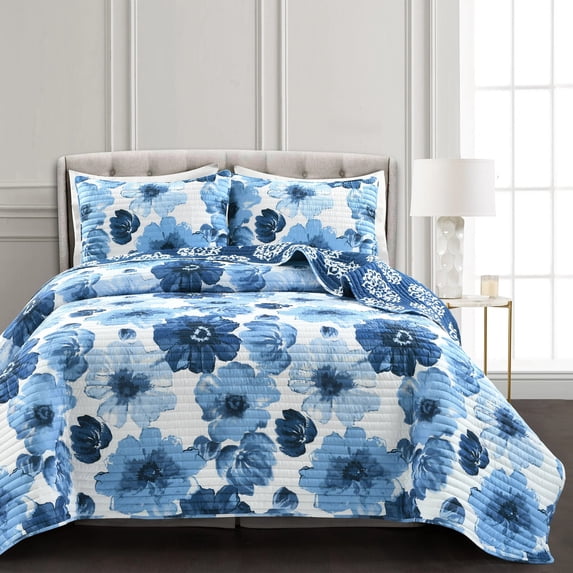 Lush Decor Leah Floral Polyester Reversible Quilt, King, Navy/White, 3-Pc Set