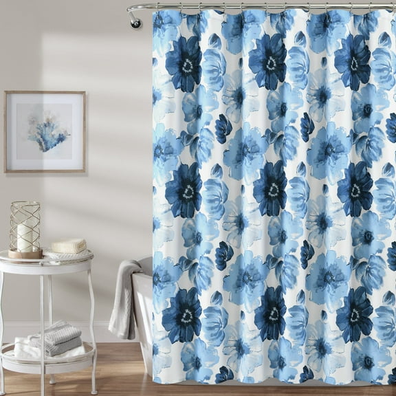 Lush Decor Leah Floral Polyester Shower Curtain, Navy/White, 72" x 72", Single