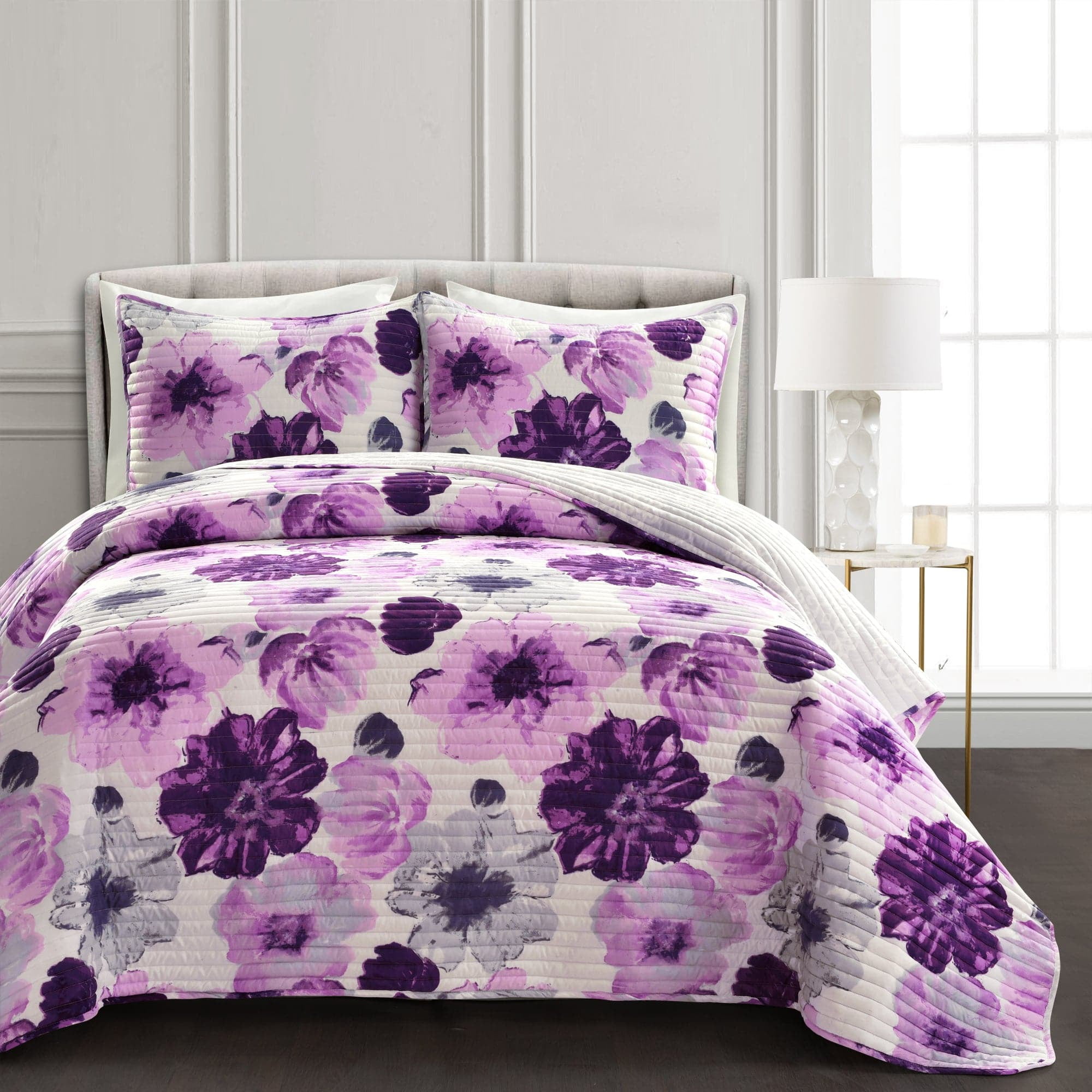 Full Gray and Purple Reversible Microfiber Floral Quilt Set