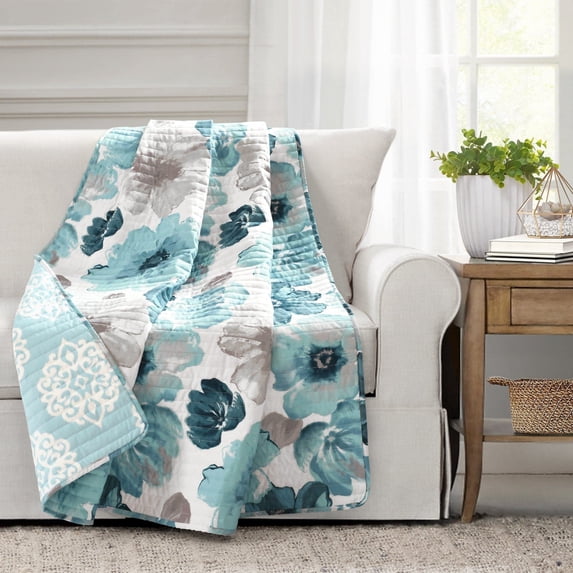 Lush Decor Leah Floral Reversible Throw, 60x50, Blue, Single