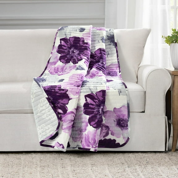 Lush Decor Leah Floral Reversible Throw, 60x50, Gray/Purple, Single