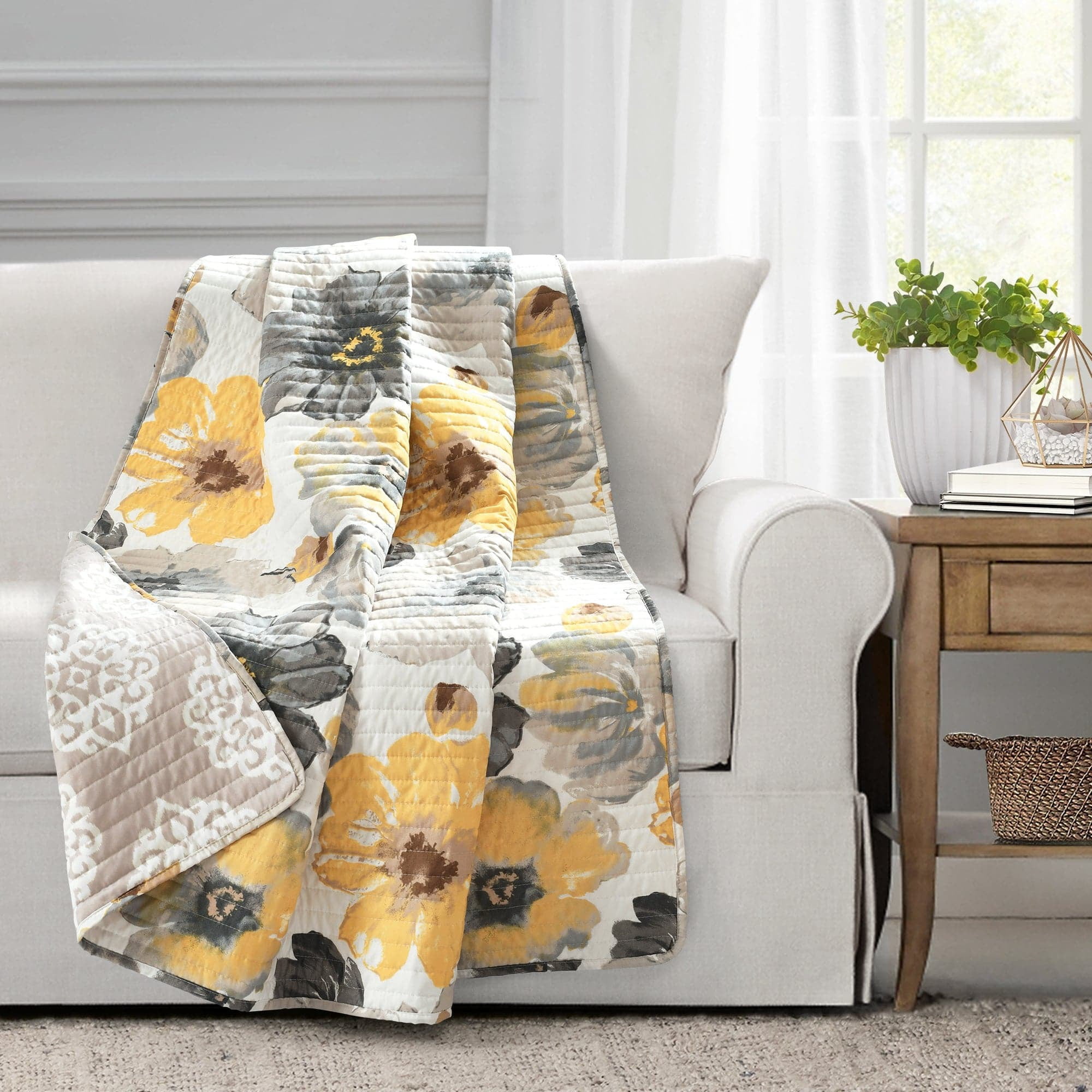 Leah Yellow and Gray Reversible Floral Throw Blanket