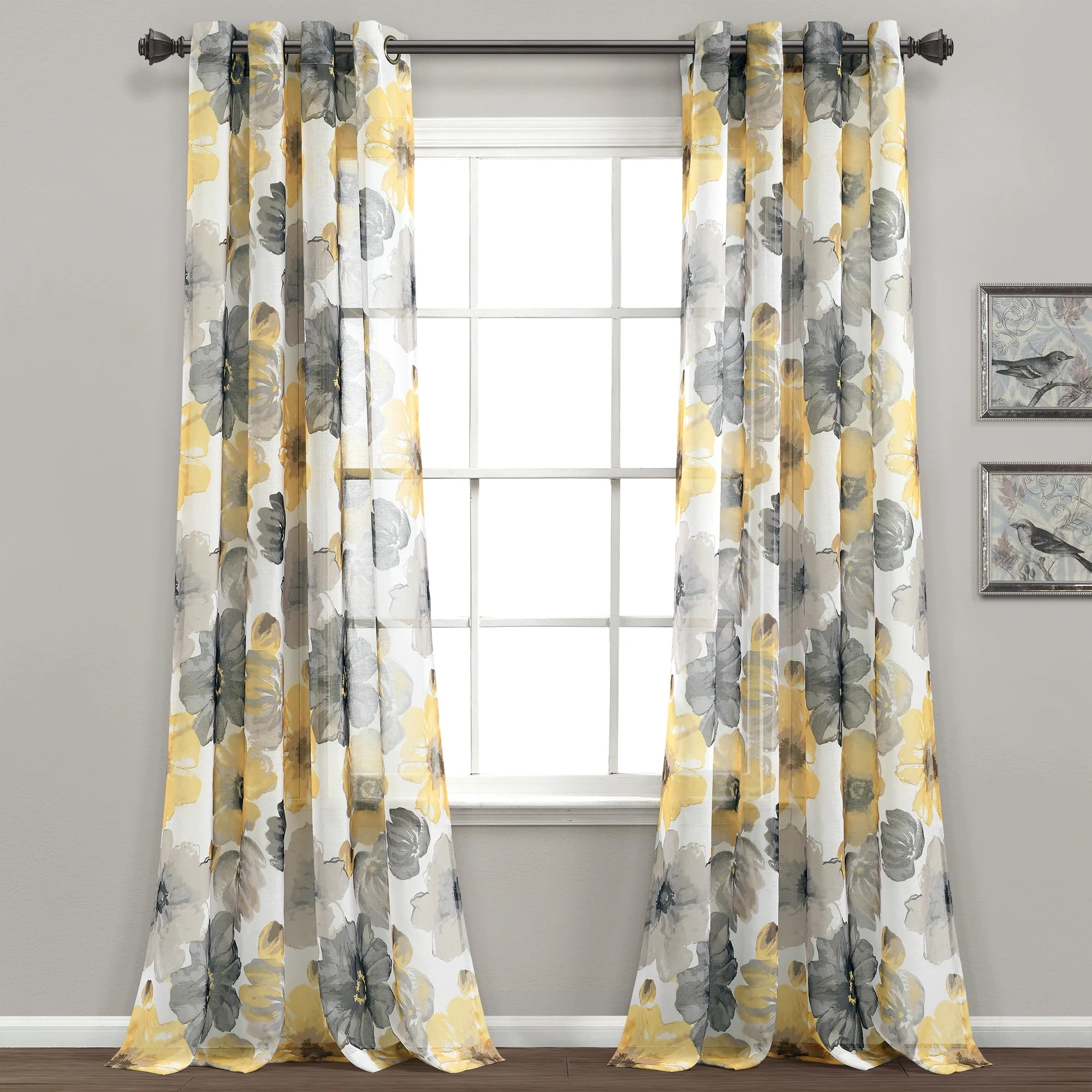 Yellow and Gray Floral Sheer Polyester Window Panels, 52" x 84"
