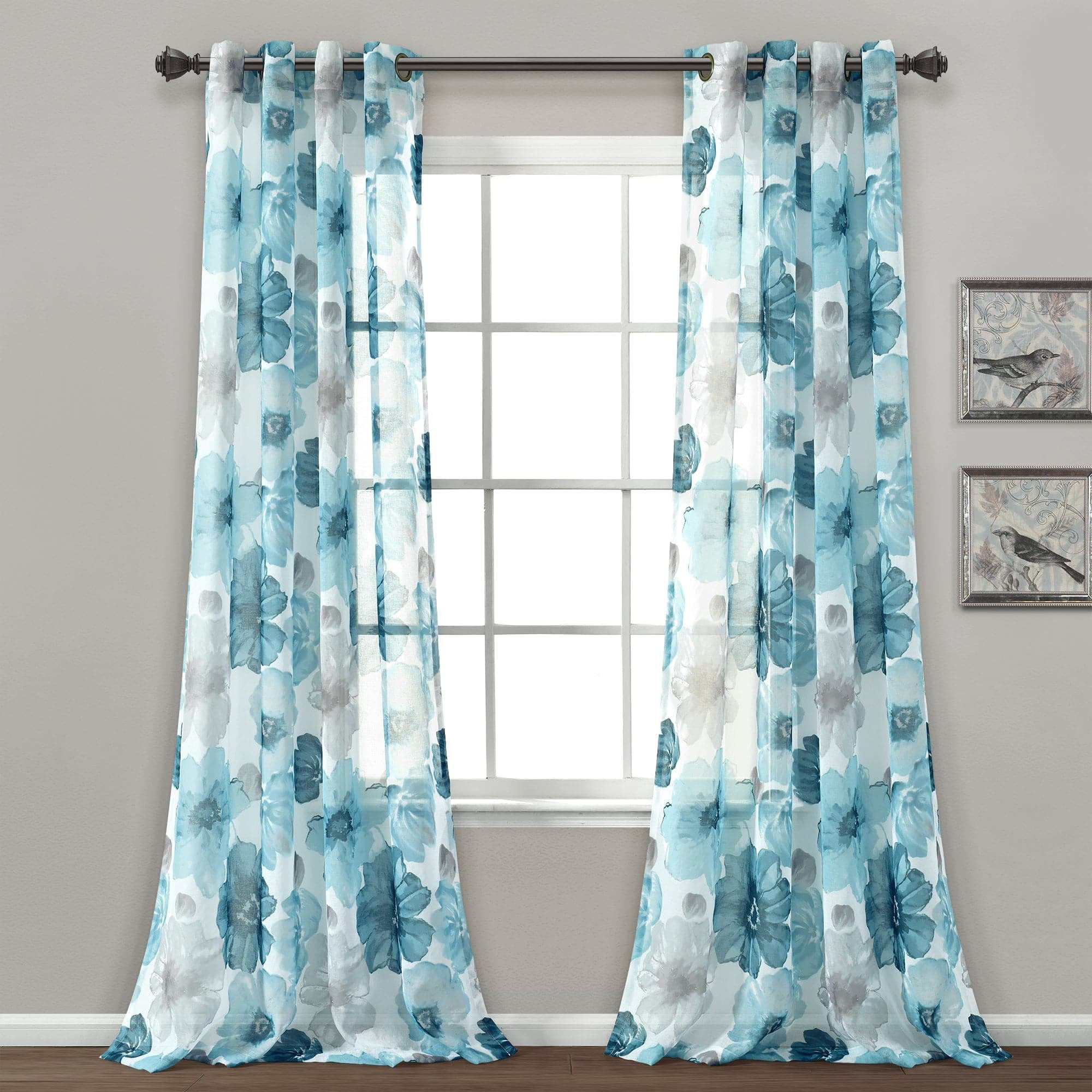 Leah Blue Floral Sheer Polyester Window Curtain Panels