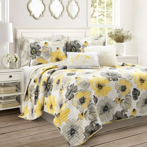Lush Decor Leah Soft Reversible Oversized Quilt Yellow/Gray 8Pc Set Queen