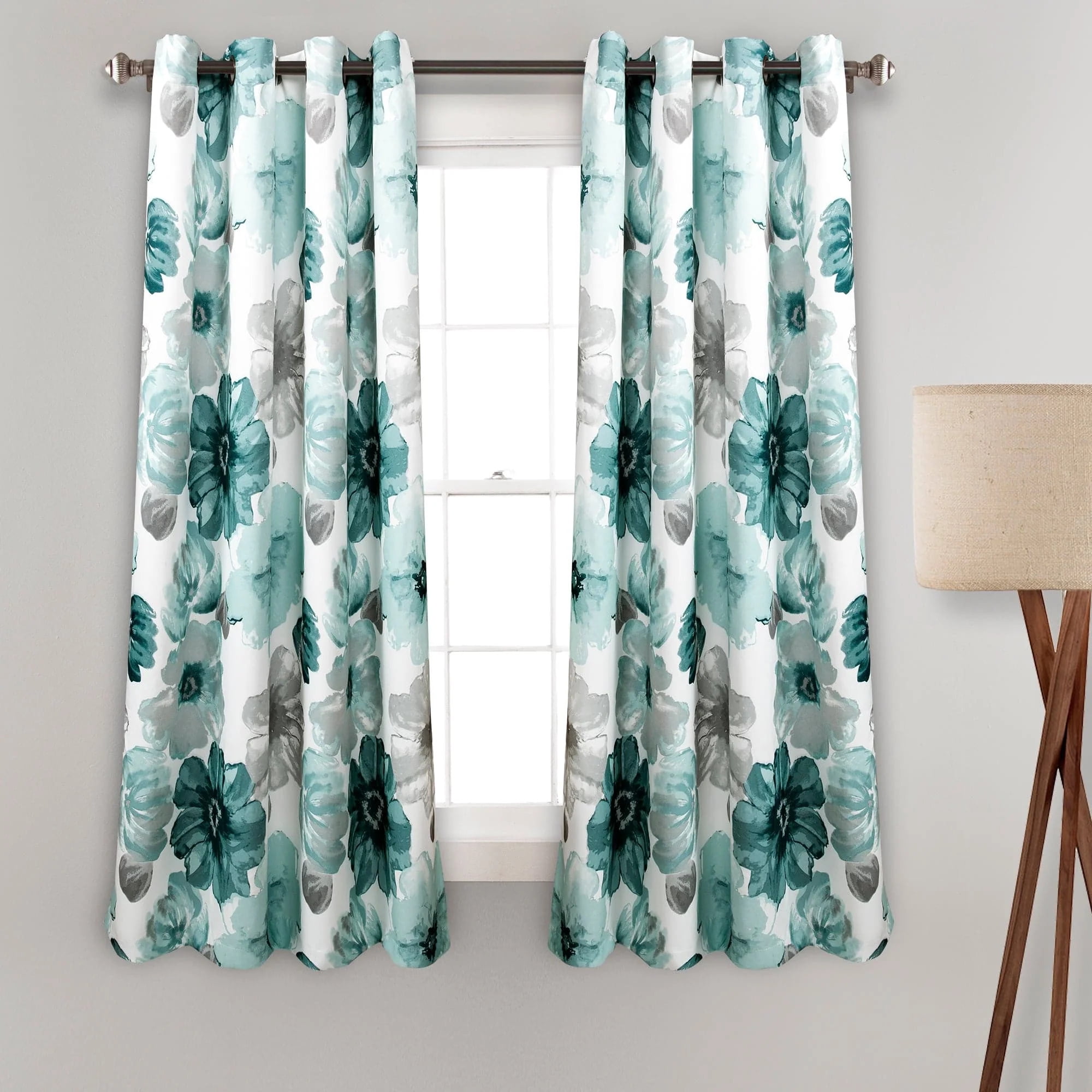 Leah Blue Floral Polyester Light Filtering Curtain Panels