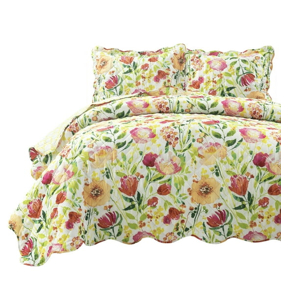 Lush Decor Leilani Watercolor Scallop Edged Floral Quilt Set, 3 Piece Set, Full/ Queen, Yellow & Multi - Colorful Botanical Bedding Set - Scalloped Quilt - Watercolor Flowers - Spring Decor