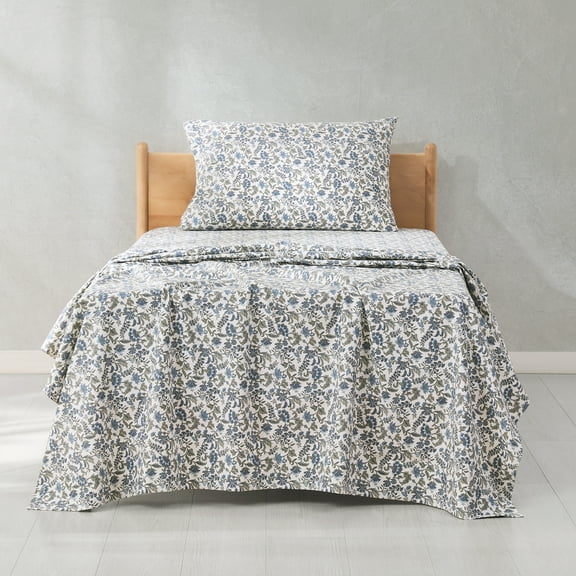 Lush Decor Lillian Block Print Cotton Sheet Set 3 Piece Set Twin Blue - Floral Sheets - Botanical Print - Blue Bed Sheets - Vintage Cottage Decor