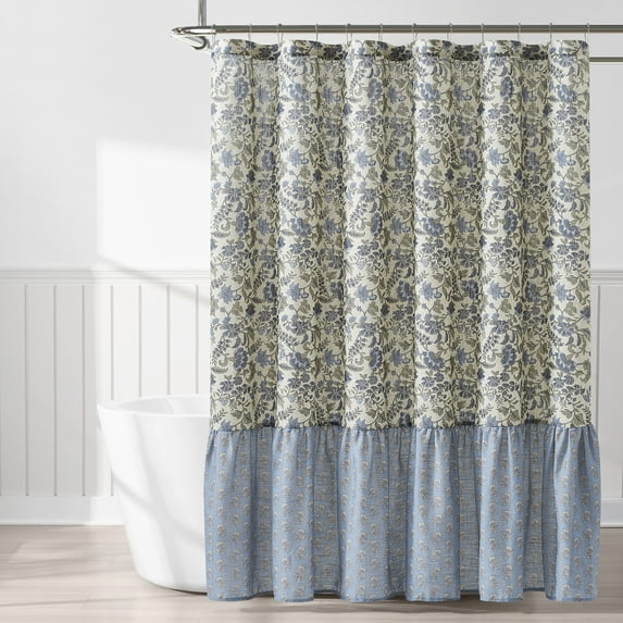 Lush Decor Lillian Block Print Linen Textured Shower Curtain Single 72" W x 72" L Blue & Sage - Vintage Floral Shower Curtains - Ruffled Bath Curtain