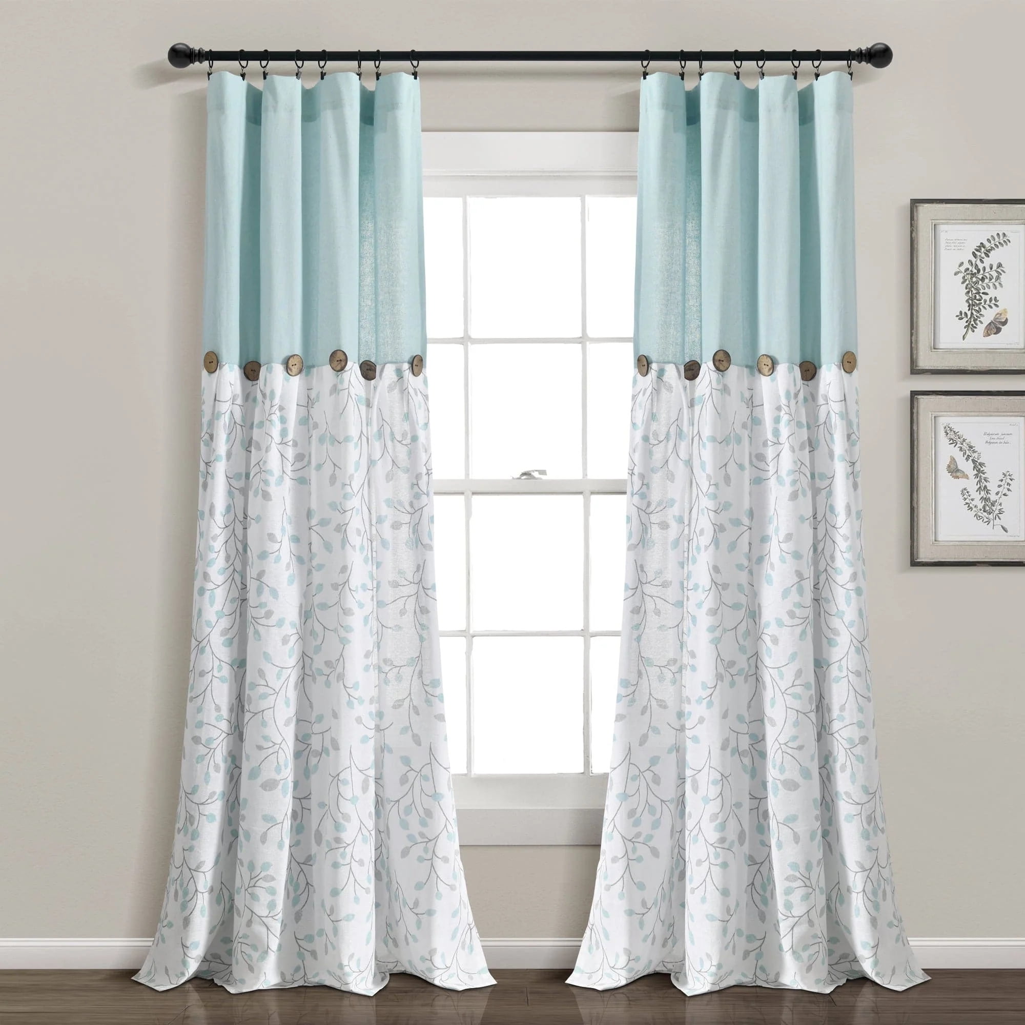 Lush Decor Gray Linen Button Botanical Garden Curtain Panel, Blue/Gray