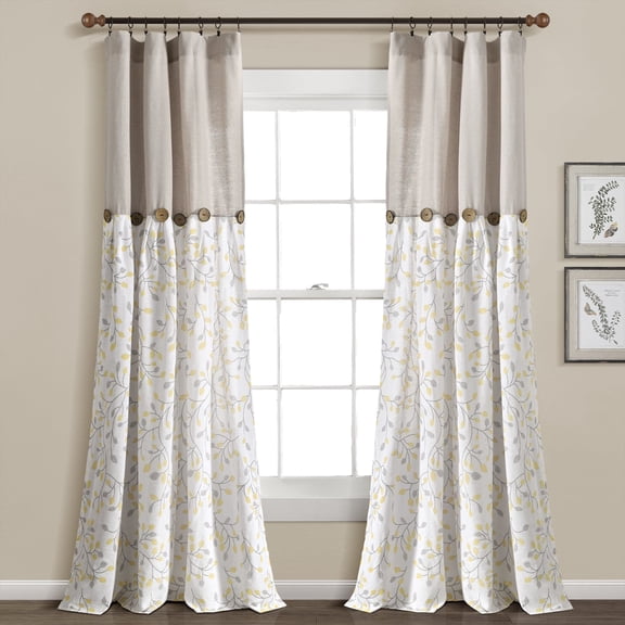 Lush Decor Linen Button Botanical Garden Window Curtain Panel - Gray/Yellow Single - 40 x 84