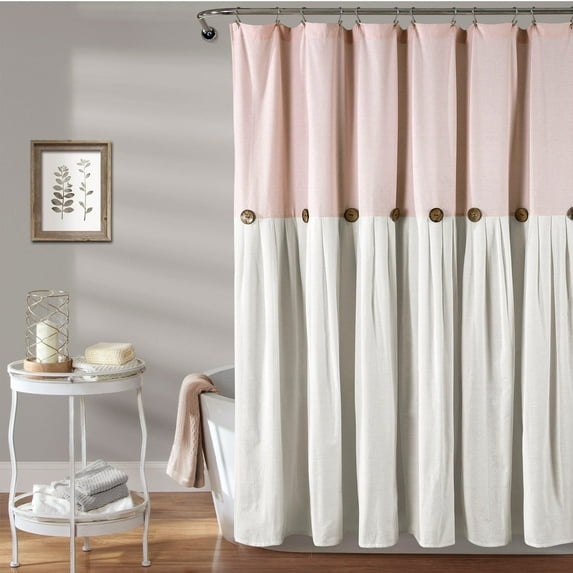 Lush Decor Linen Button Color Block Cotton Blend Shower Curtain, 72x72, Blush/White, Single