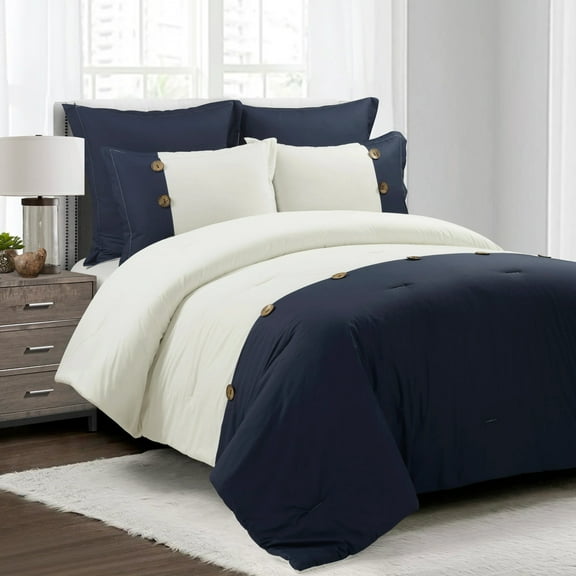 Lush Decor Linen Button Cotton Blend Comforter Navy 5Pc Set Full/Queen