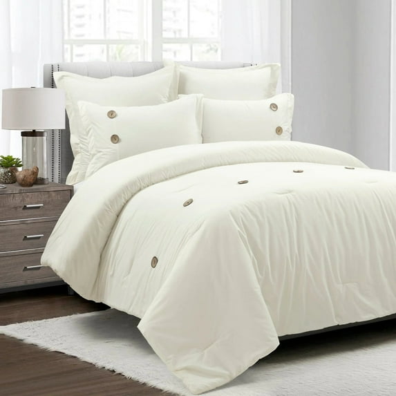 Lush Decor Linen Button Cotton Blend Comforter Off White 5Pc Set Full/Queen